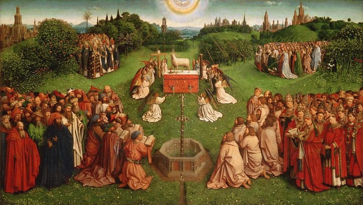 Angels, clergy, nobles, and the common people standing or kneeling around a lamb atop an altar in the very center of the picture.